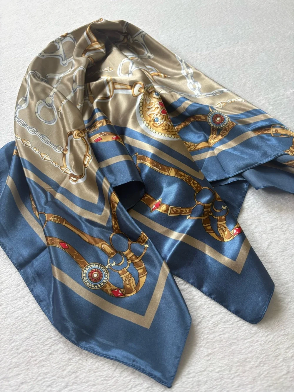 Silk-Feel Navy and Taupe Chain Print Scarf